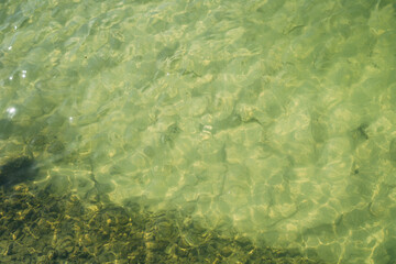 Clear water in which small fish swim