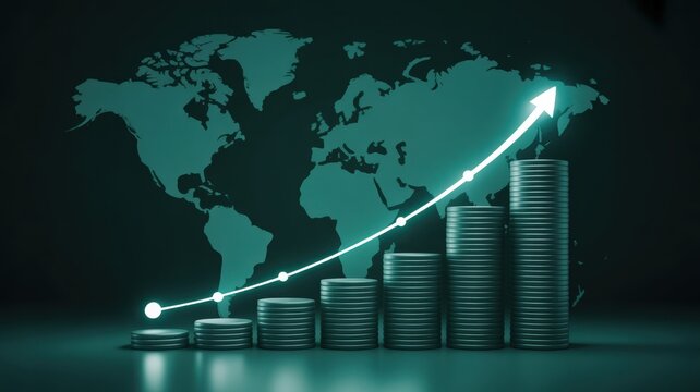 Mapping Global Financial Growth - A 3D world map with stacks of coins and a rising line graph, symbolizing global financial growth and international investment