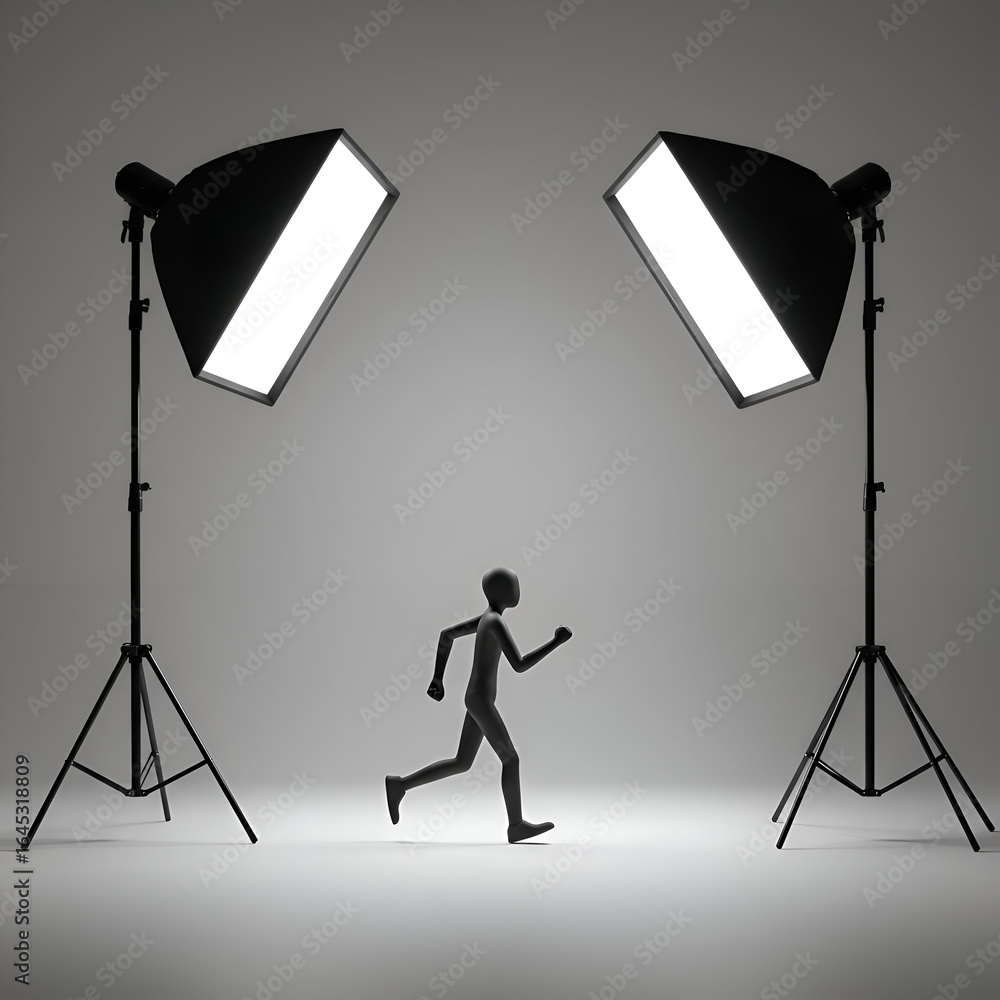 Poster studio model of a person in motion with two spotlights, creating a dynamic photography set. a graysc