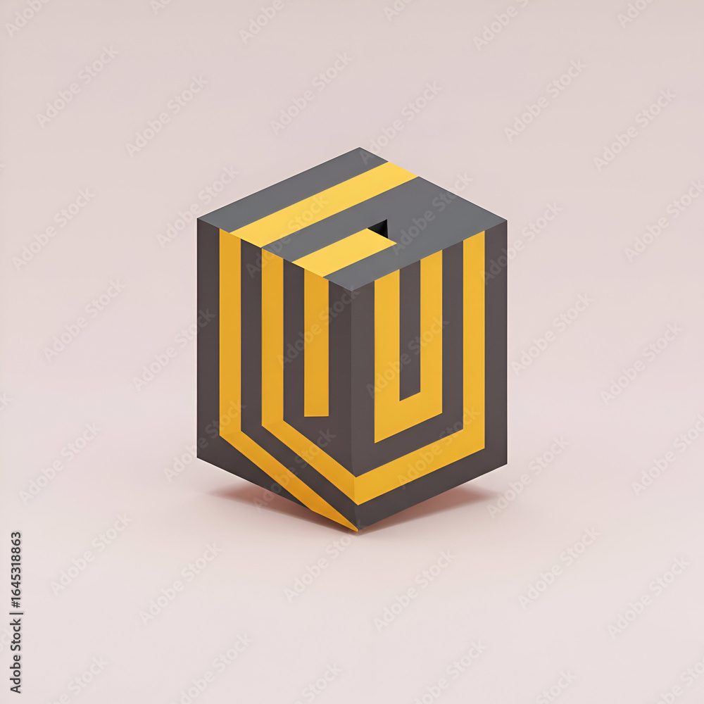 Poster geometric black and yellow cube with abstract pattern on a pale background. 3d rendering of a modern