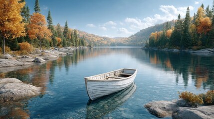Autumn Lake with Rowboat Serene Forest Landscape