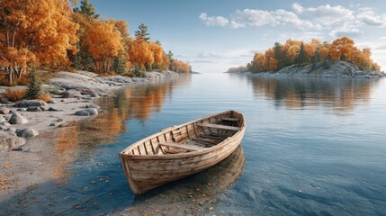 Autumn Lake with Rustic Rowboat and Fall Foliage