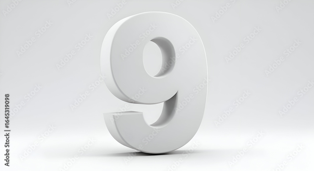 Poster a single, three-dimensional, white number nine in a studio setting. static display of a number for u