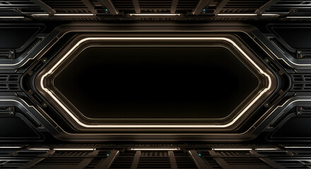 Futuristic interior with dark metallic panels and glowing lights. Empty hexagonal shaped opening in a spaceship corridor.