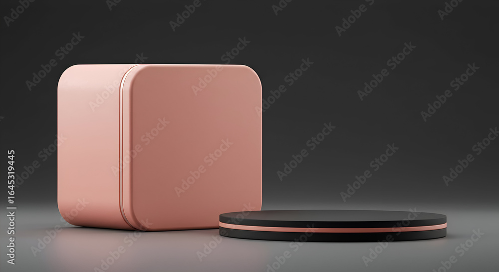 Poster peach-toned rectangular box with a circular black podium on a gray background. product display with 