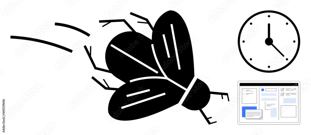 Poster fly in motion with clock and website interface screen symbolizing speed, time management, and digita