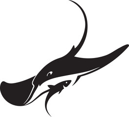 Manta ray and small fish silhouette, Black stingray vector illustration