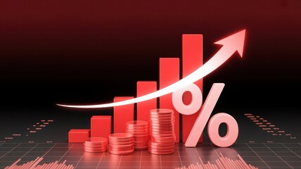 Rising Interest Rates and Inflation - A 3D red bar chart with a rising arrow and a large percentage sign, symbolizing rising interest rates, inflation, and economic trends