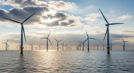 Offshore wind farm at sunset.  Numerous wind turbines generate clean energy in the North Sea.  A sustainable energy solution visible from afar.