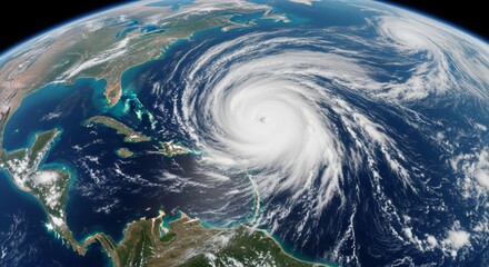 Satellite view of a powerful hurricane approaching the Caribbean Sea and the coast of North America.  A massive storm system with a distinct eye. Dramatic weather event.