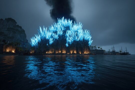 Island fortress glows with icy blue light at night - Powered by Adobe