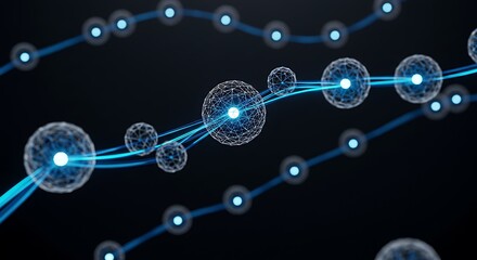 Futuristic Data Network of Luminous Wireframe Orbs and Blue Light Trails
