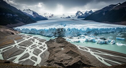Majestic Perito Moreno Glacier in Patagonia, Argentina.  Stunning turquoise glacial lake with icebergs and intricate glacial meltwater channels. Breathtaking landscape of mountains and ice.