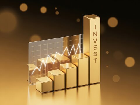 Navigating Investment Growth - A golden 3D bar chart with a glowing line graph and "INVEST" text, symbolizing financial investment and business growth