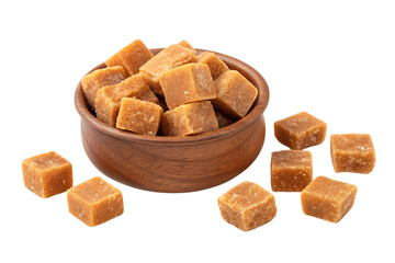 Jaggery cubes in bowl, indian sweetener on transparent background