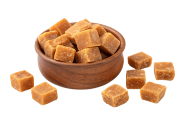 Jaggery cubes in bowl, indian sweetener on transparent background