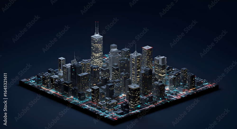 Poster 3d rendered cityscape at night with illuminated buildings and glowing infrastructure. isometric pers