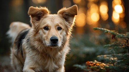 Portrait of a beautiful dog in the forest at sunset with golden light