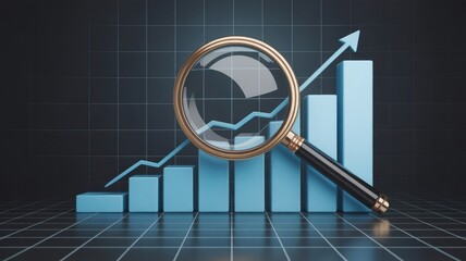 Researching Business Trends - A magnifying glass on a rising blue bar chart with an upward line, symbolizing business research, strategic planning, and market trends