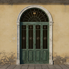 Fototapeta premium Aged, weathered green antique doors with decorative metalwork on a sun-drenched Italian building exterior. Architectural detail with a classic archway and aged plaster facade.