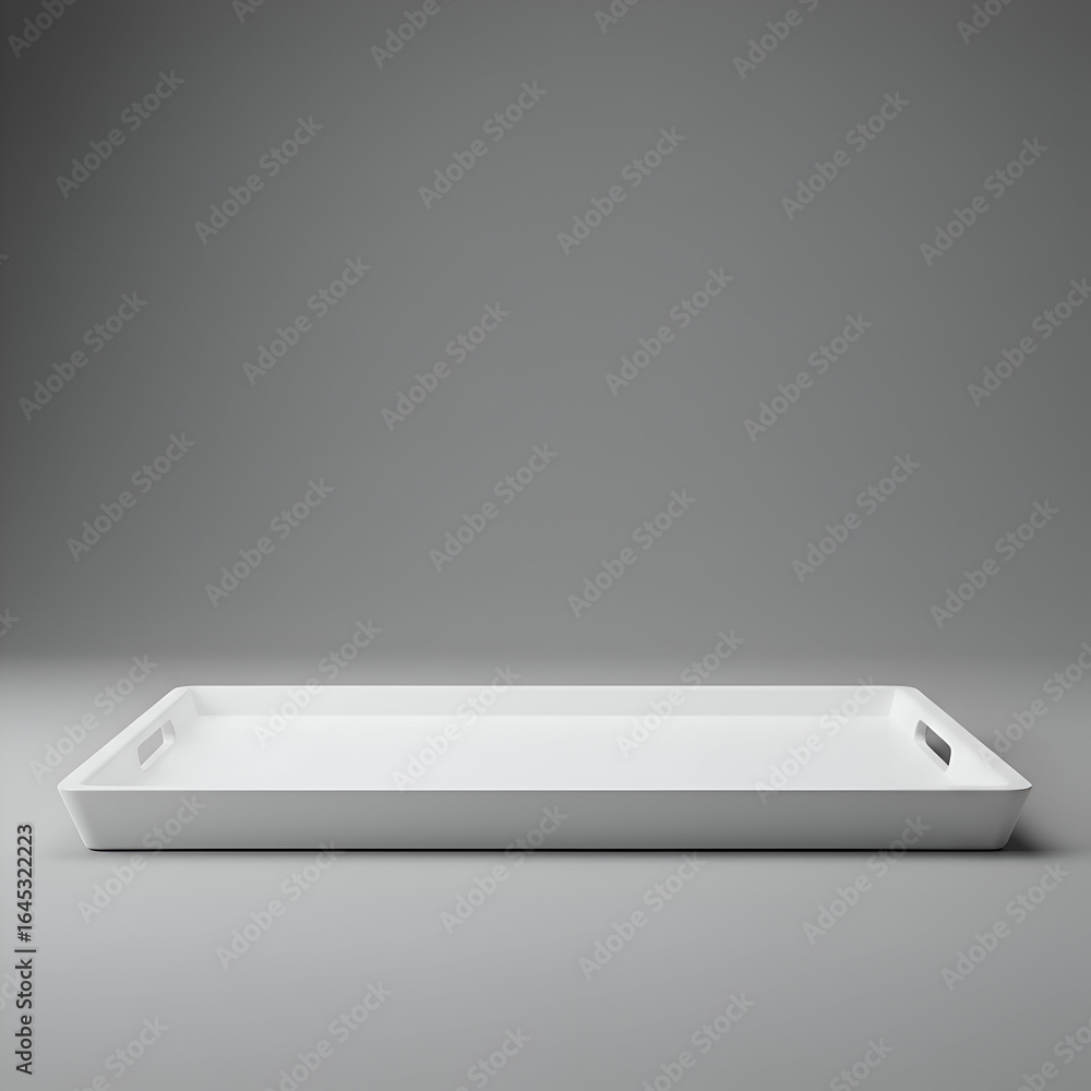 Poster empty white tray resting on a neutral gray surface. modern, minimalist design with handles for easy 