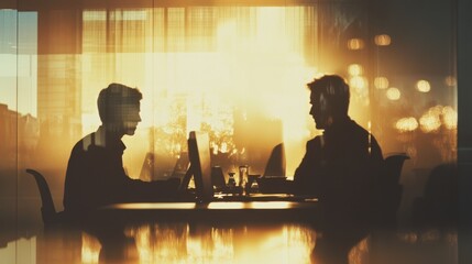 Silhouetted professionals collaborate during a radiant golden hour office rendezvous