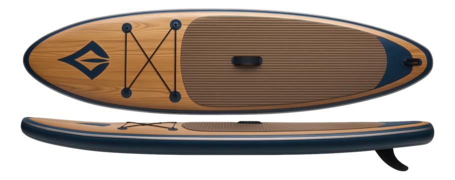 Inflatable SUP board with wood grain finish and cargo net for long-distance touring