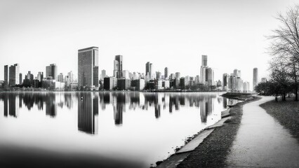 Fototapeta premium Panoramic view of a city skyline reflected in a calm lake at dawn