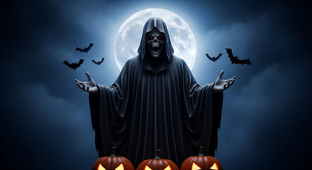 Grim reaper with glowing eyes, bats, and jack-o'-lanterns in front of a full moon