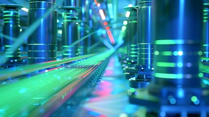 Floating processor columns in blue steel with soft green light tunnels and rainbow pulses above .