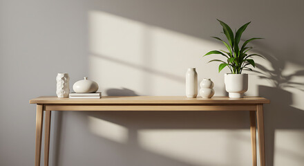 Modern interior with wooden console table, plants, and sunlight on the wall