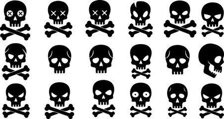 Collection of stylized skull and crossbones icons: minimalist, monochrome, vector graphics for web design, branding, and Halloween projects.
