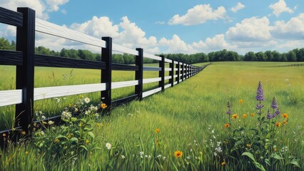 Fototapeta premium Black and white fence in a sunny meadow