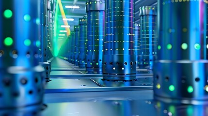 Floating processor columns in blue steel with soft green light tunnels and rainbow pulses above .