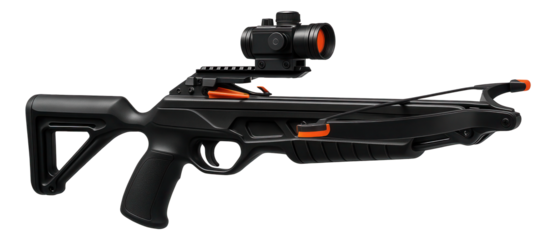 Tactical crossbow with a black synthetic frame and red-dot sight for precision sports