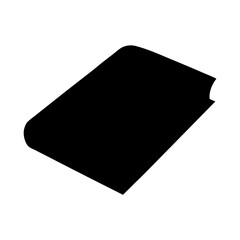 Black silhouette of a closed book resting diagonally on white surface