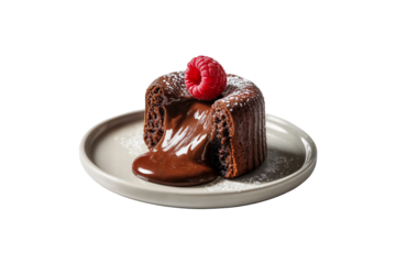A decadent chocolate lava cake with a molten center and raspberry topping isolated on transparent background