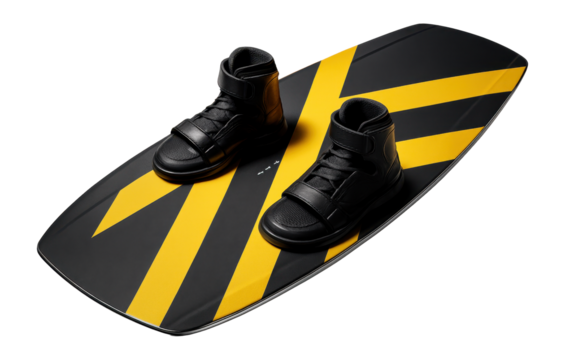 Wakeboard with a tapered tail and bold black and yellow stripes