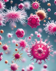 Microscopic pink and orange viruses, 3D scientific illustration, medical microbiology research, high resolution