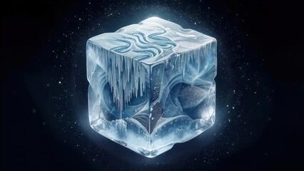 Glowing, icy cube with intricate patterns