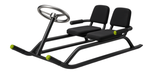 Dual-seat metal sled with a front steering wheel and rubber grips