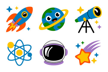 Outer space cartoon icons, rocket and ringed planet, telescope, atom, astronaut helmet, comets and stars, astronomy clipart