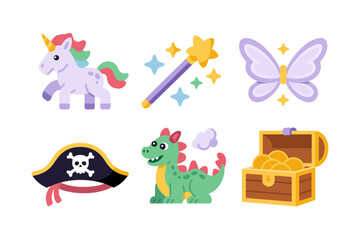 Magic and pirate adventure icons, unicorn, magic wand star, butterfly, pirate flag, cute dragon, treasure chest, kids fantasy vector