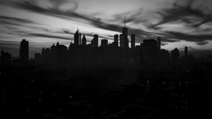 Dark silhouette of a city skyline at twilight