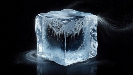A large, multifaceted ice cube, detailed with intricate patterns, floats on a dark surface, swirling mist emanating from it