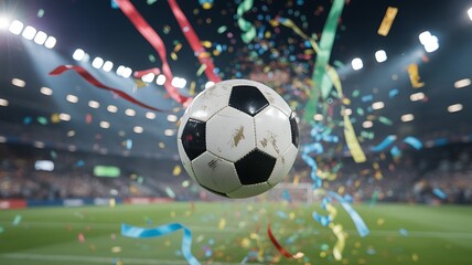 Fototapeta premium Soccer ball in mid air with colorful confetti and streamers at a stadium