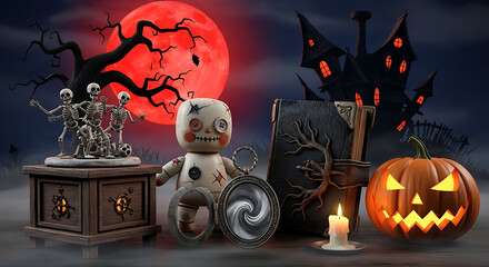 Halloween still life with skeletons, voodoo doll, haunted house, and jack-o'-lantern