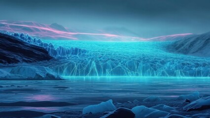 A vast glacier, illuminated by ethereal, glowing blue lines, stretches across a serene landscape.  Pale pink/purple mountain ranges frame the scene