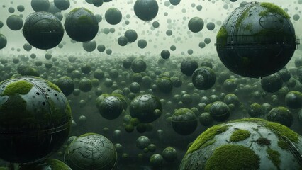 Floating, mossy spheres in a misty, alien landscape