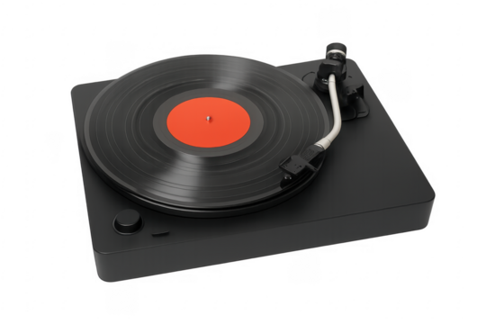 Modern record player playing a vinyl record with transparent background